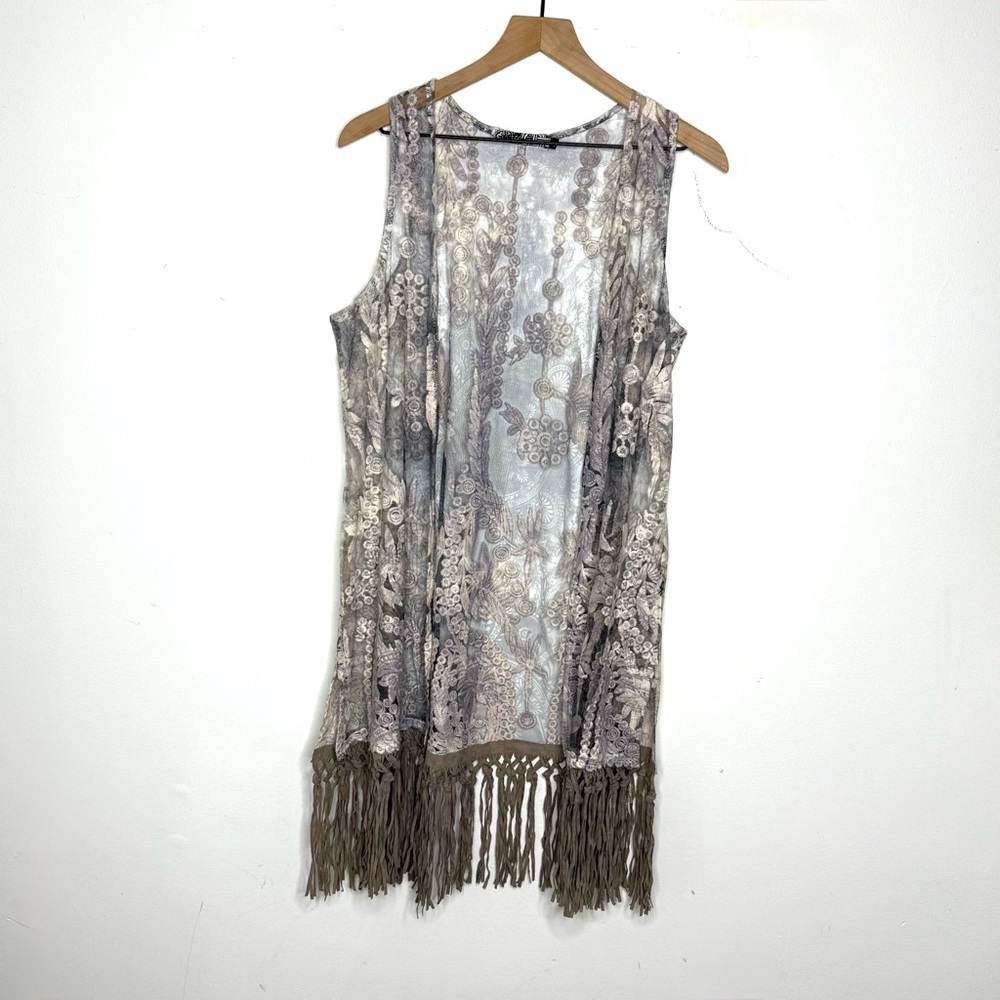 Origami Floral Fringe Sleeveless Boho Topper Vest - Gray